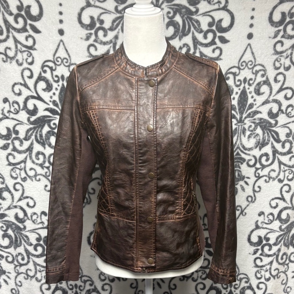 00s/Y2K Maurices Brown Distressed Faux Leather Moto Jacket Quilted